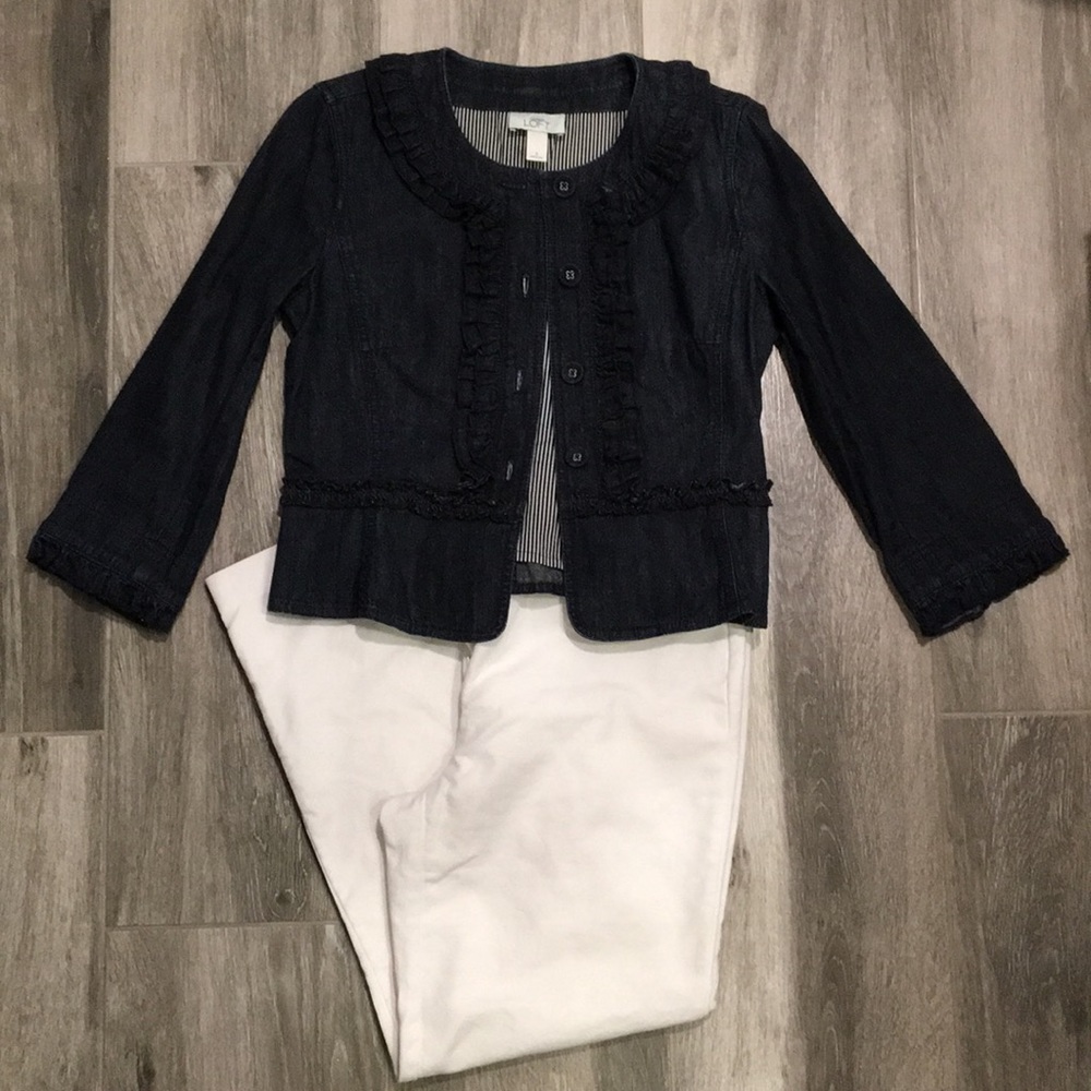 🌼 LOFT Ruffle Jean Jacket Dark Denim